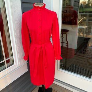 Vintage 70s Button Tie Front  Ruffle Trim Modest 60s Retro Secretary Dress